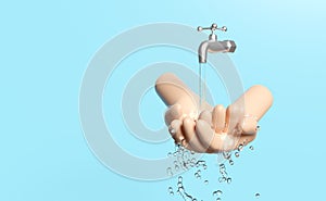3d washing two hands under the water tap isolated on blue background. hands holding clean water drop, save water, world water day