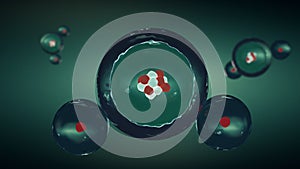3d water molecule with protons, neutrons and electron shells. H2O.