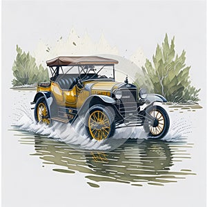 3d watercolor illustration of classic car on the water in the countryside