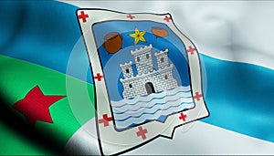 3D Waving Spain City Flag of Oleiros Closeup View photo