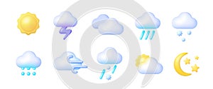 3d weather 3d for web background design. Icon set cloud weather. 3d vector realistic objects. Vector illustration design element