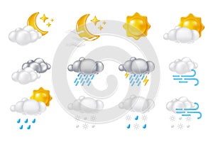 3D weather element. Meteorology symbol. Cloud with snow and rain. Sun or moon. Summer wind or storm. Winter rainy season