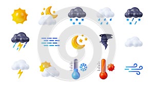 3D weather forecast icons set on white background