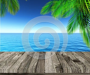 3D weathered wooden deck looking out to ocean