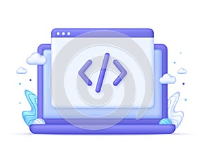 3D Web page and programming code icon on Computer. Development and software concept.