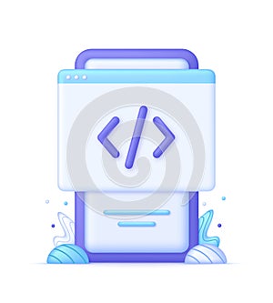 3D Web page and programming code icon on Phone. Development and software concept