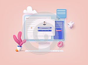 3D Web Vector Illustrations. Computer and account login and password form page on screen. Sign in to account, user authorization,