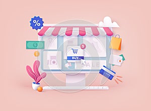 3D Web Vector Illustrations. Online shopping.Design graphic elements, signs, symbols. Mobile marketing and digital marketing