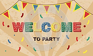 3D welcome celebration. Festive theme. Surprise retro party banner. Fiesta carnival decoration. Header colorful