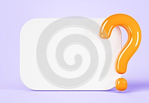 3d white board with question mark icon on purple background render. Quiz game banner frame, blank rectangle whiteboard