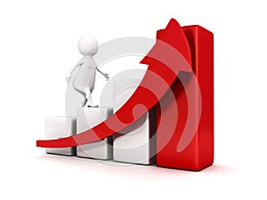 3d white business man climbing up bar graph and growing arrow