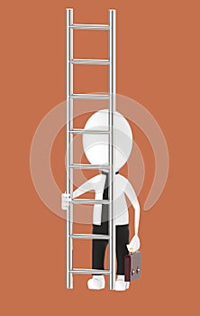 3d white character holding briefcase and standing in front of a ladder - way to climb success concept