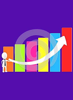 3d white character presenting a high statictics graph