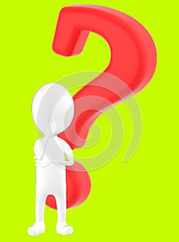 3d white character thinking in front of a question mark