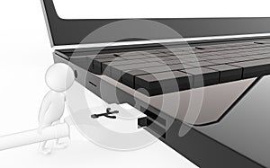 3d white character is about to plug in a usb cable to a device usb port