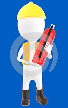 3d white character wearing a safety helmet and holding a fire extinguisher in hand