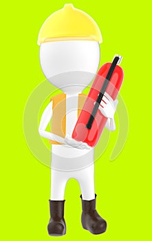 3d white character wearing a safety helmet and holding a fire extinguisher in hand