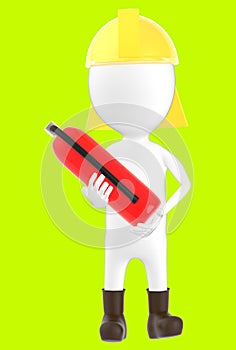 3d white character wearing a safety helmet and holding a fire extinguisher in hand