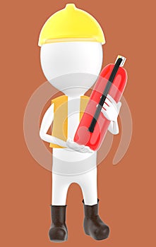 3d white character wearing a safety helmet and holding a fire extinguisher in hand