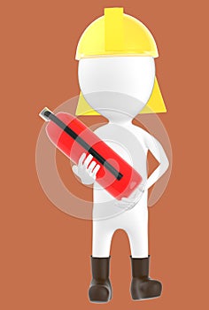 3d white character wearing a safety helmet and holding a fire extinguisher in hand