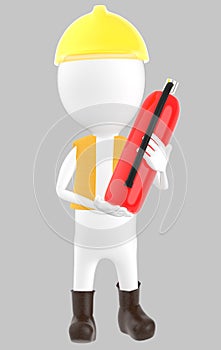 3d white character wearing a safety helmet and holding a fire extinguisher in hand