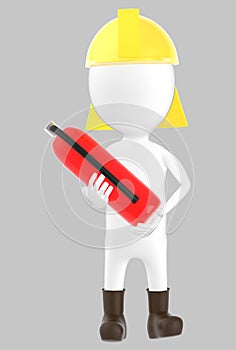 3d white character wearing a safety helmet and holding a fire extinguisher in hand