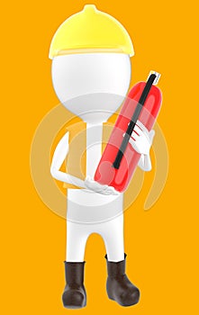 3d white character wearing a safety helmet and holding a fire extinguisher in hand