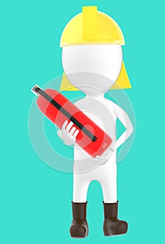 3d white character wearing a safety helmet and holding a fire extinguisher in hand