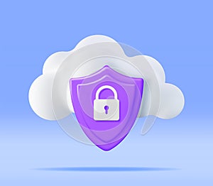 3D White Cloud with Locked Padlock.