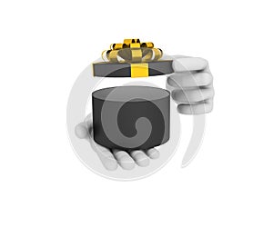 3d white human hand holds open black gift box. 3D illustration .