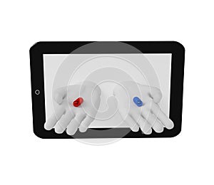 3d white human hands holding red and blue pills of the screen la