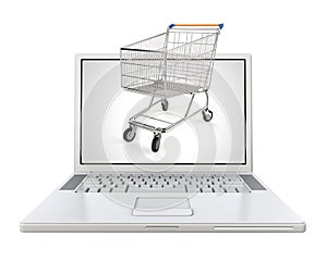 3d white laptop with shopping cart - eshop concept photo