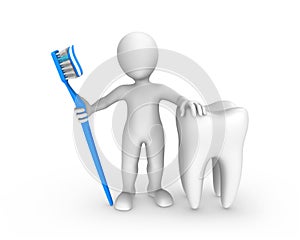 3d white man with big tooth and toothbrush with toothpaste.