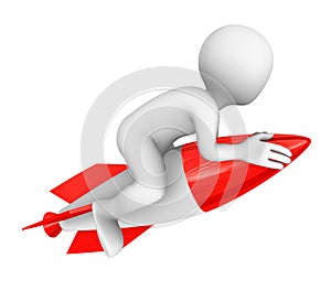 3d white man flies, sitting on a rocket.