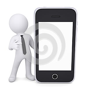 3d white man points a finger to smartphone