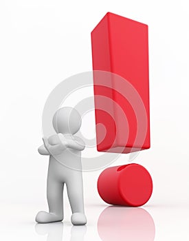 3d white man and red exclamation mark.