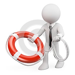 3D white people. Businessman throwing a life preserver