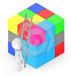 3d white people climb up with the help of a ladder towards a rubix cube photo
