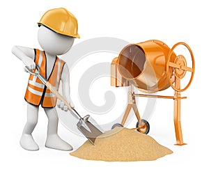Trojrozměrný bílý lidé.konstrukce pracovník lopata beton mixér 