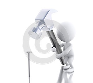 3d White people with hammer hitting a nail.