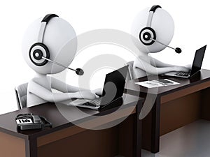 3d white people with a Headphones with Microphone and laptop.
