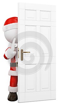 3D white people. Santa Claus hidden behind a door shutting photo