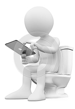 3D white people. Man sitting on the toilet with his tablet