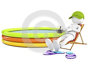 3d white person sunbathing on a lounger with a refreshing drink. photo