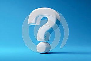 3d white question mark with textured surface standing against vibrant blue background symbolizing curiosity inquiry and problem