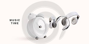 3d White realistic clock and headphones - music time concept. Vector illustration