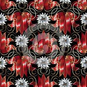 3d white and red flowers seamless pattern. Vector floral black b