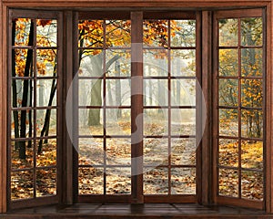 3d window view. Beautiful view of nature from the window. autumn landscape.