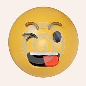 3d Winking Face with Tongue. yellow emoji sticking out her tongue and winking. Wackiness, buffoonery. icon isolated on photo