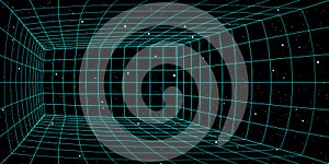 3D wireframe perspective grid room template design vector illustration background.